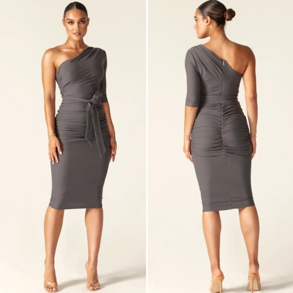 Alieva Dolly Elegant Bodycon Dress Gray Asymetrical Sz Large - Picture 1 of 4